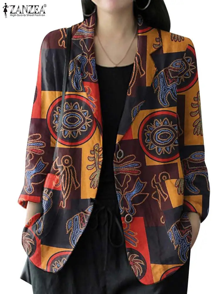 Women's Vintage Printed Blazer – Long Sleeves, Cotton, Autumn/Winter