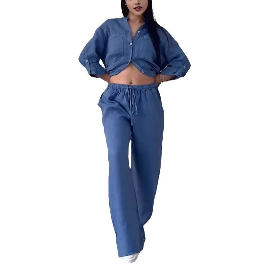 Ensemble femme en lin et coton – Chemise col V manches longues + Pantalon large taille mi-haute