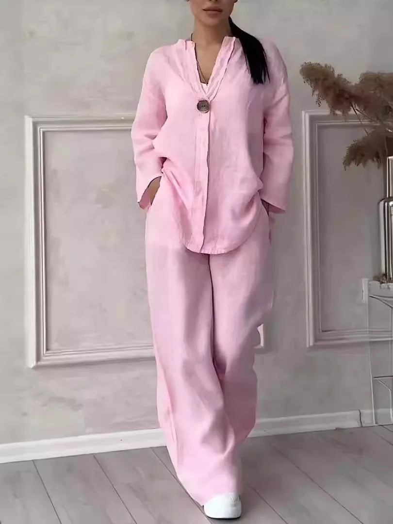 Cotton Linen Sets Two 2 Pieces Sale Casual Long Sleeve Button Loose Blouse Shirt&High Elastic Wide Leg Loose Pant Suits