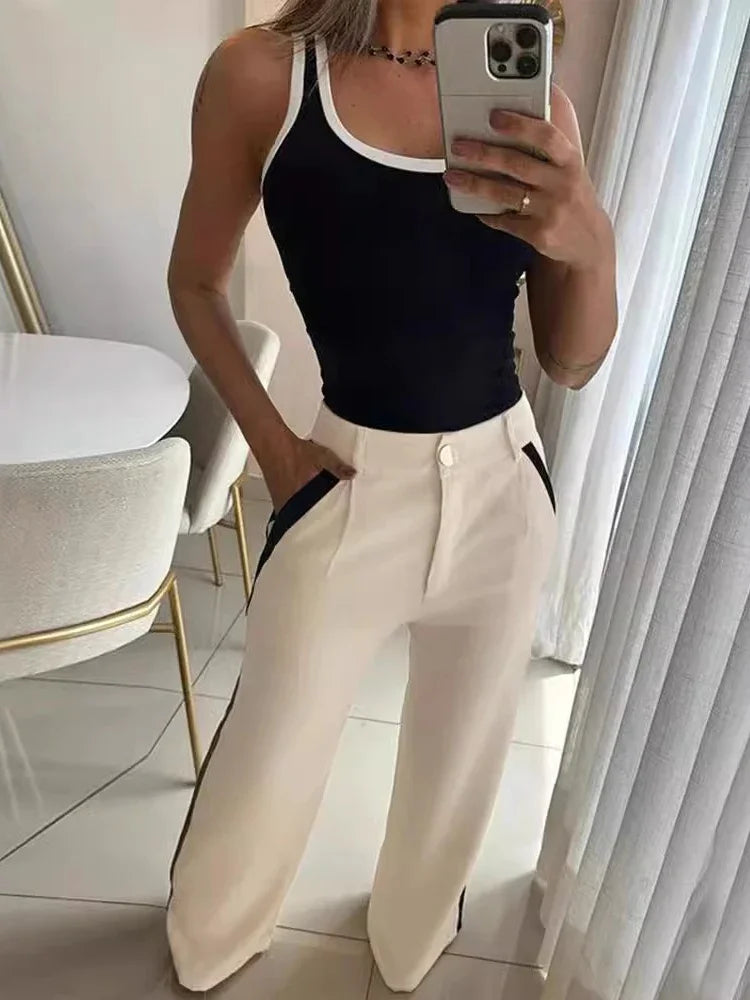 Ensemble 2 pièces pour femme – Débardeur col en V et pantalon large rayé taille haute