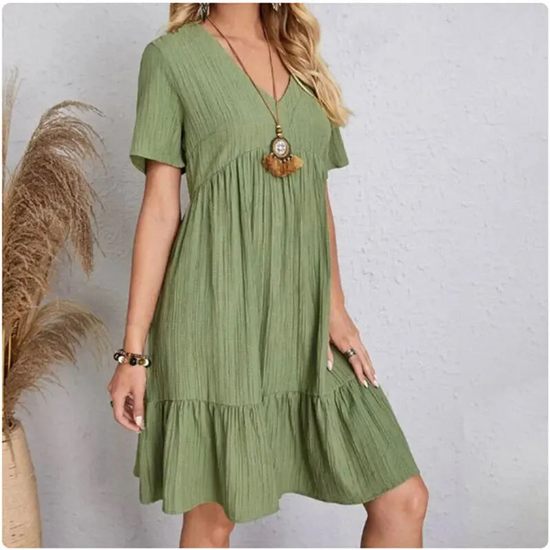 Peplum Dress with V-Neck and Short Sleeves – Flowy, Ruffled Cut