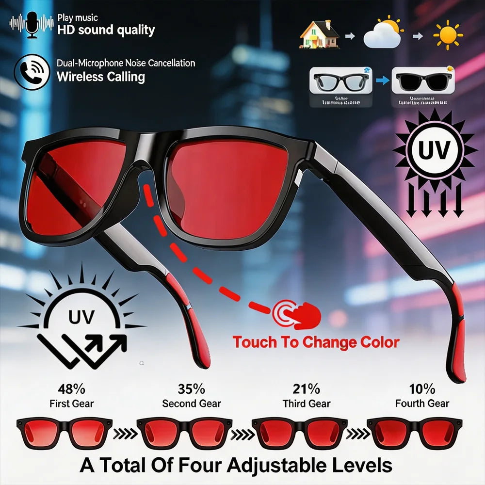 Nouvelles Lunettes Audio Intelligentes Bluetooth Lunettes de Soleil Commande Tactile Verres Photochromiques Double Micro Annulation du Bruit Son Clair Appels Mains Libres