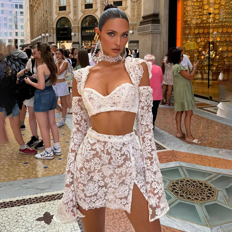 Beach Lace Skirt Set Women Sexy Hollow Out Square Collar Ribbon Crop Top A-line Split Skirt 2025 Spring Summer Lady Suit