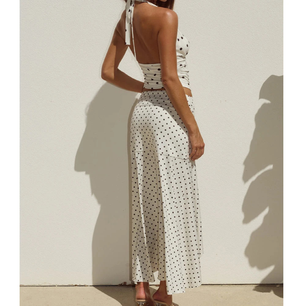 Women Summer Vintage Two Pieces Outfits y2k Aesthetic Polka Dots Print Tie-up Backless Tanks Tops+Low Waist Irregular Skirts