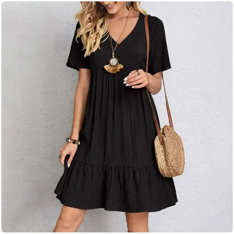 Peplum Dress with V-Neck and Short Sleeves – Flowy, Ruffled Cut