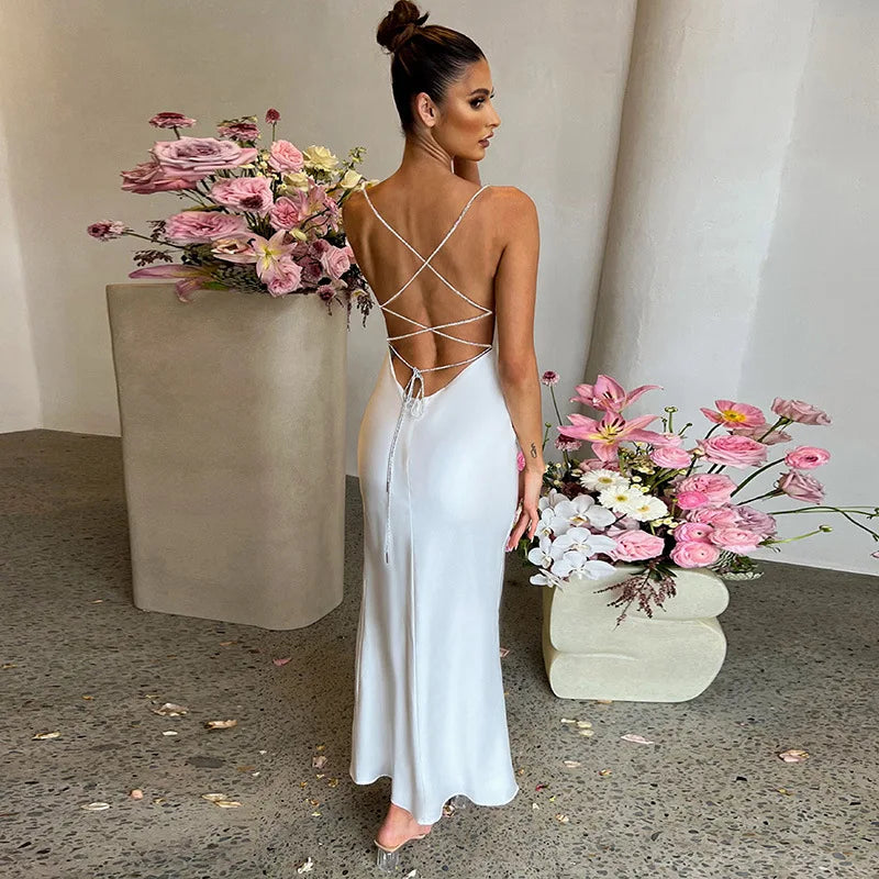 2026 Summer European and American Cross border Sexy Dress Solid Color Slim Show Backpack Hip Dress Split Party Strap Dress