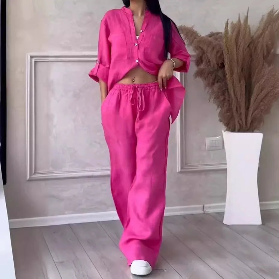 Ensemble femme en lin et coton – Chemise col V manches longues + Pantalon large taille mi-haute