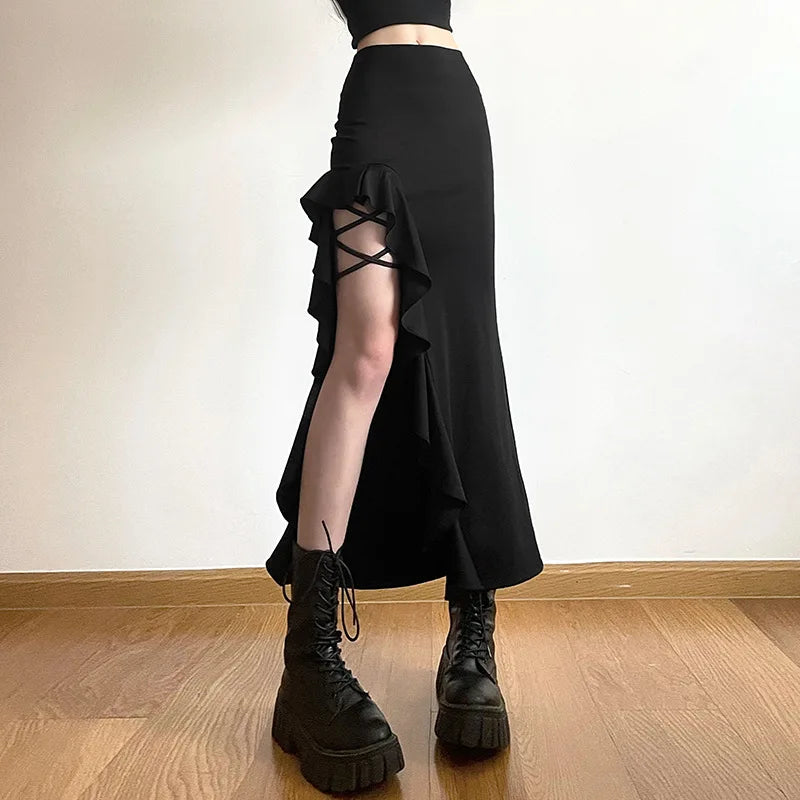 Jupe fendue lacée femme – Coupe ajustée, Longueur cheville, Style chic décontracté