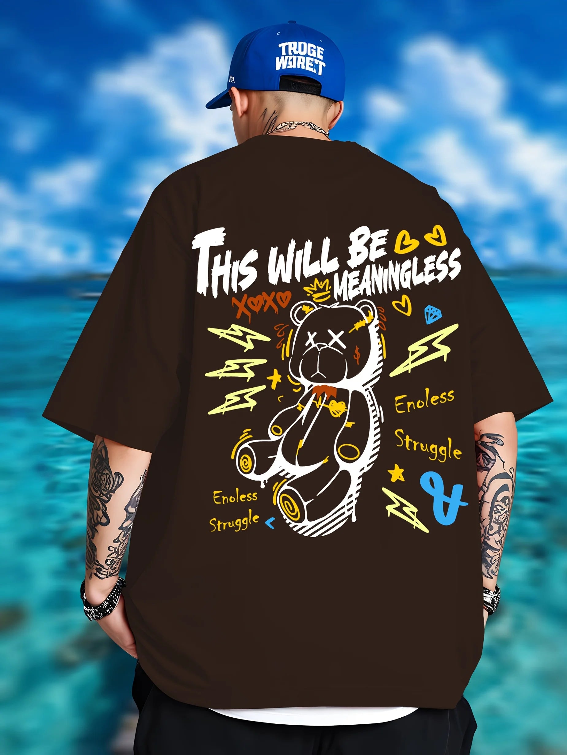 Summer men's fashionable teddy bear print breathable and comfortable round neck T-shirt outdoor street style top