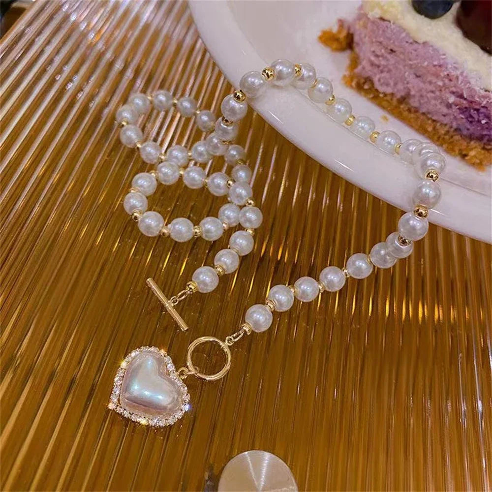 Gold Plated Heart & Pearl Pendant Necklace – Korean Style Y2K Kawaii | Women's Jewelry