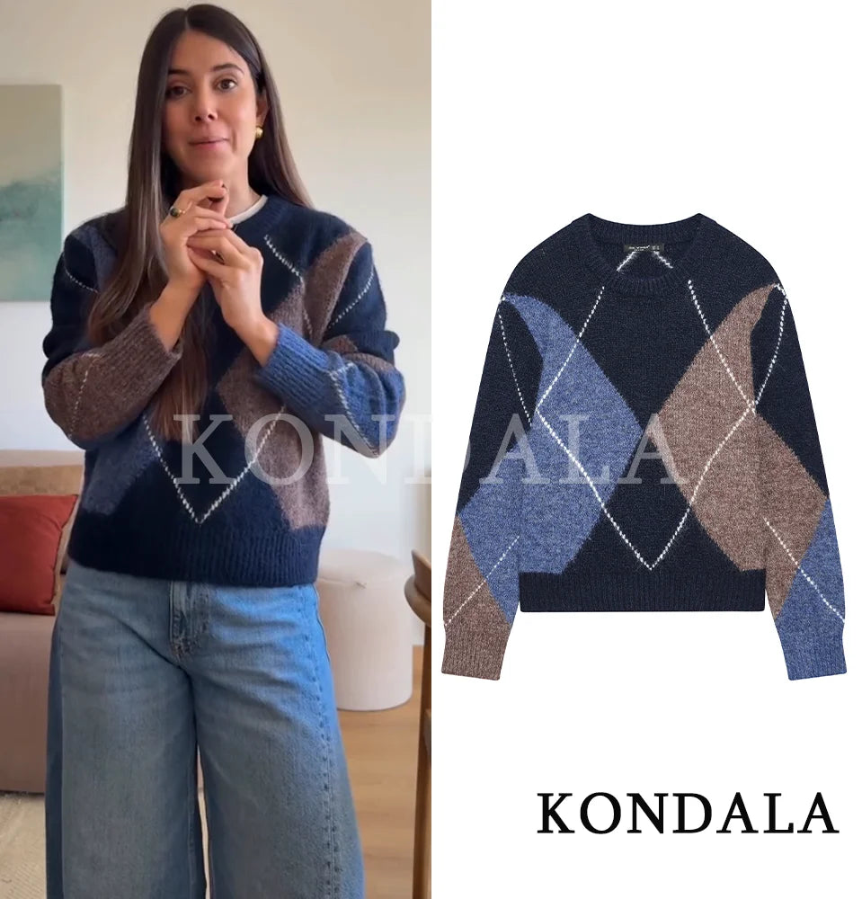 KONDALA Trendy Casual Contrasting Sweater Women Elegant Rhombus Knitted Sweater 2026 Spring Fashion Holidays Chic Female Sweater