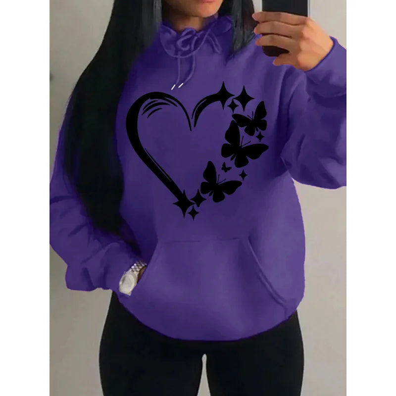 Sweat à capuche Femme Motif Amour et Papillon Hip Hop Streetwear Poches Vêtements Rétro Multicolore