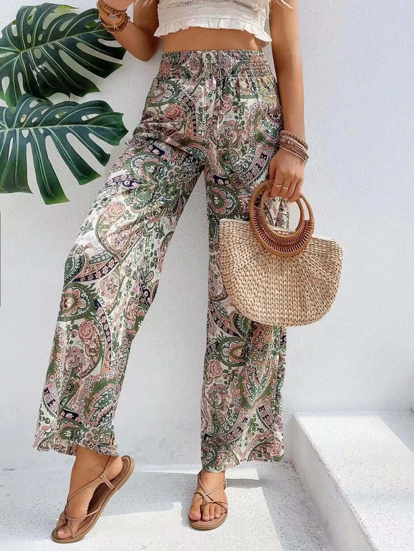Fashion Vintage Print Wide-leg Pants Women Casual High-waisted Trouser 2026 Spring Summer Office Lady Clothes Streetwear