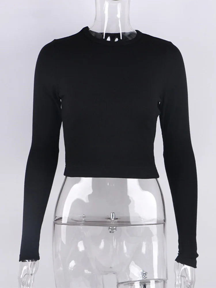 Women's Ribbed Crop Top, Round Neck, Long Sleeves, Slim Fit