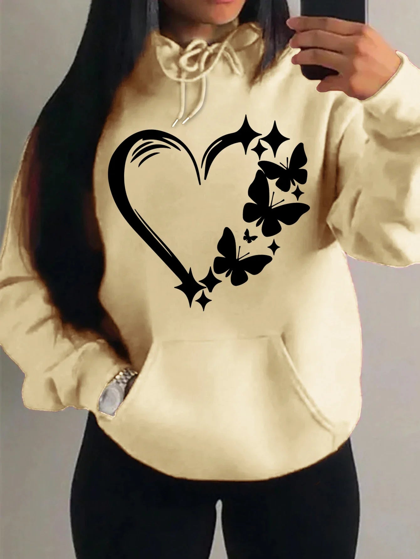 Sweat à capuche Femme Motif Amour et Papillon Hip Hop Streetwear Poches Vêtements Rétro Multicolore