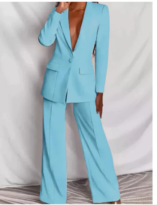 BAMBOOBOY Elegant Solid Long Sleeve Blazer Suit and Pants Two 2 Piece Set for Women Spring Autumn Classic OL Street Outfit