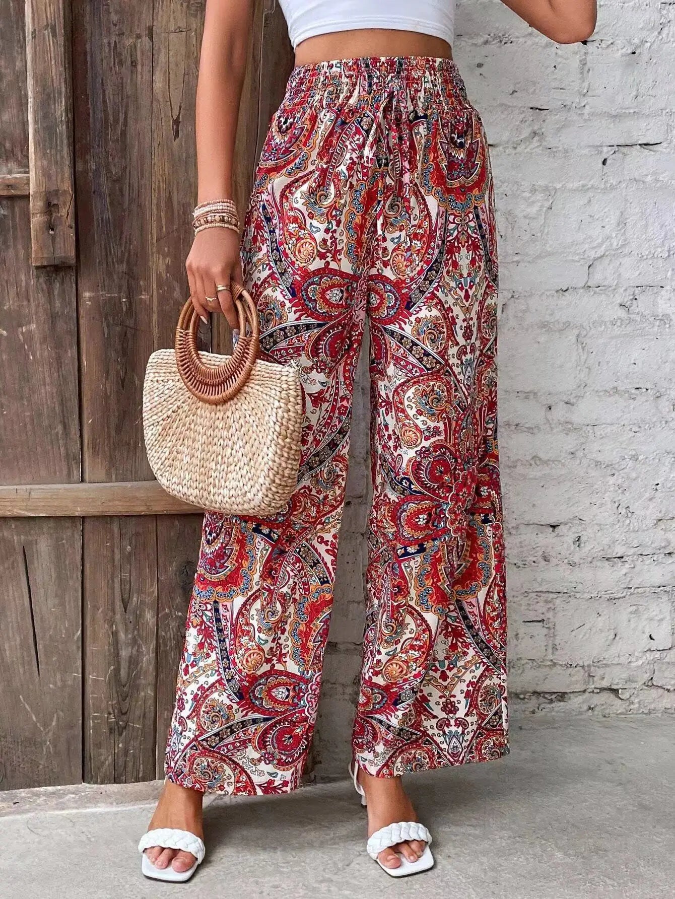 Fashion Vintage Print Wide-leg Pants Women Casual High-waisted Trouser 2026 Spring Summer Office Lady Clothes Streetwear