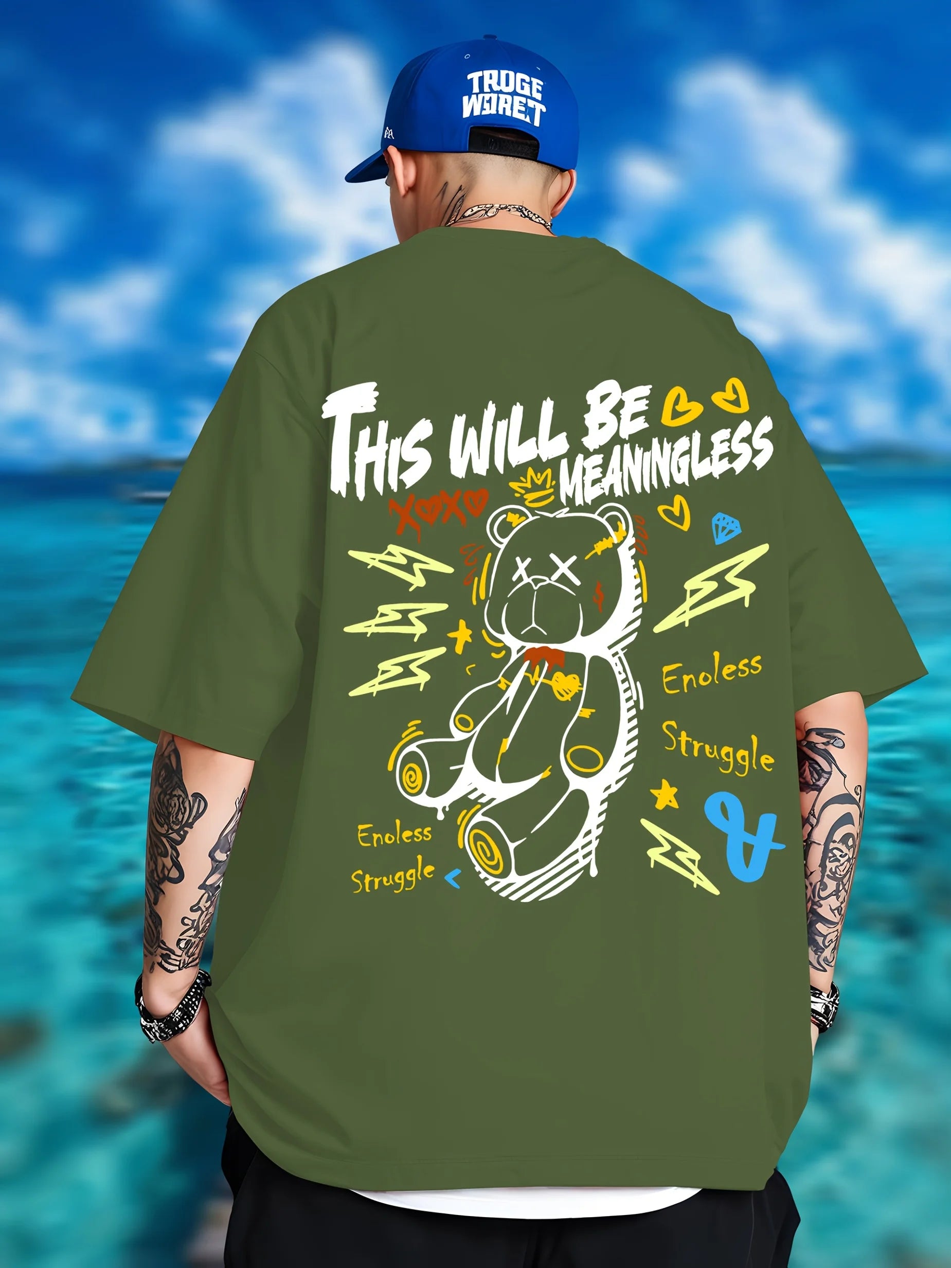 Summer men's fashionable teddy bear print breathable and comfortable round neck T-shirt outdoor street style top