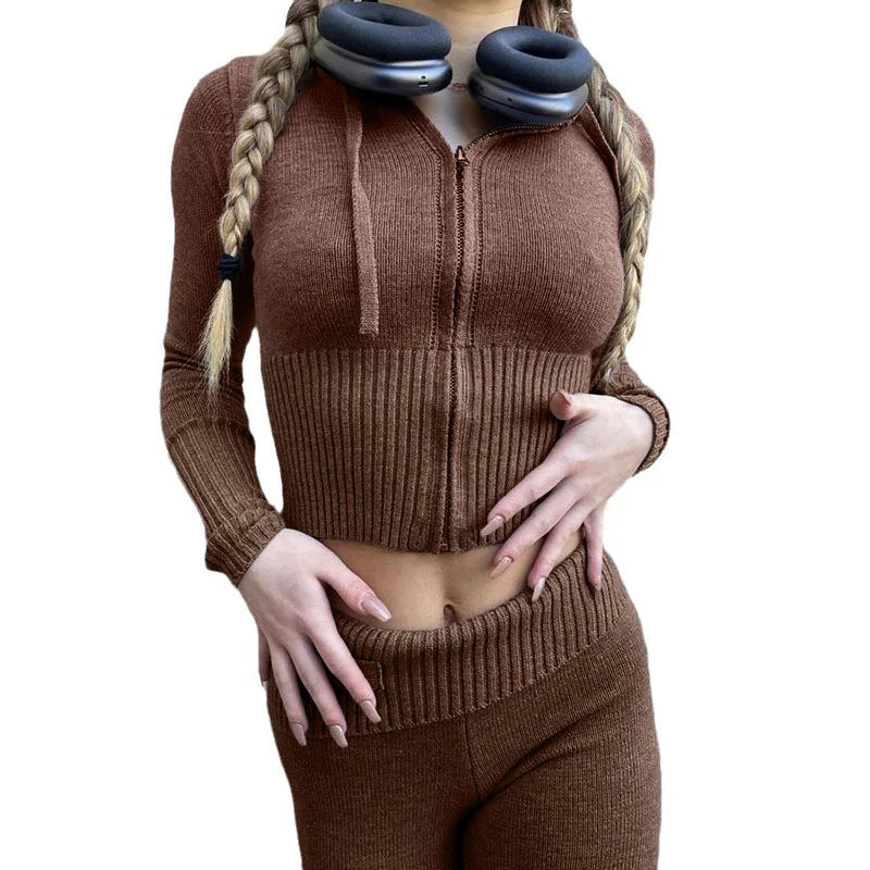 Women's Spring Autumn Suit Long Sleeve Long Pants Hooded Knit High Waist New Vintage Simple Comfortable Skinny Niche Versatile