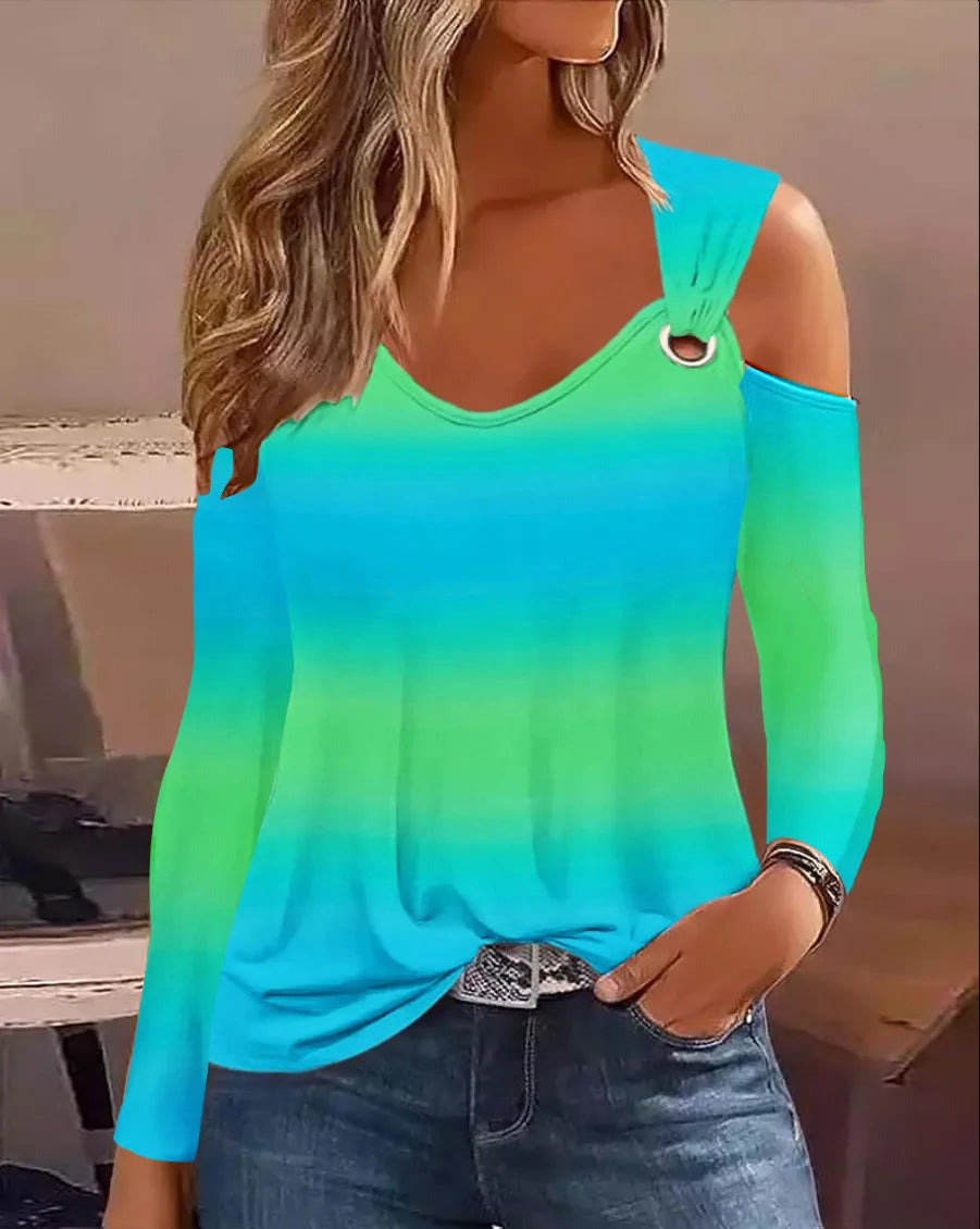 Fashion Woman Blouse 2026 Spring Denim Look Print Cold Shoulder Eyelet Casual Long Sleeve Daily T-Shirt Top Y2K Clothes