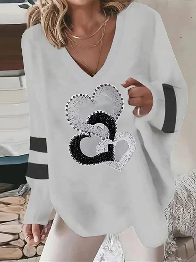 Chemisier Blanc Femme Love Print - Col V Manches Longues