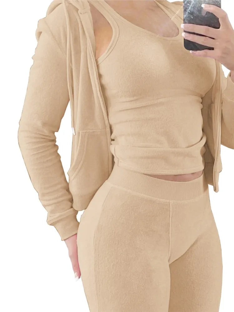 Ensemble 3 Pièces Femme Automne Hiver - Sweat Gilet Pantalon Velours