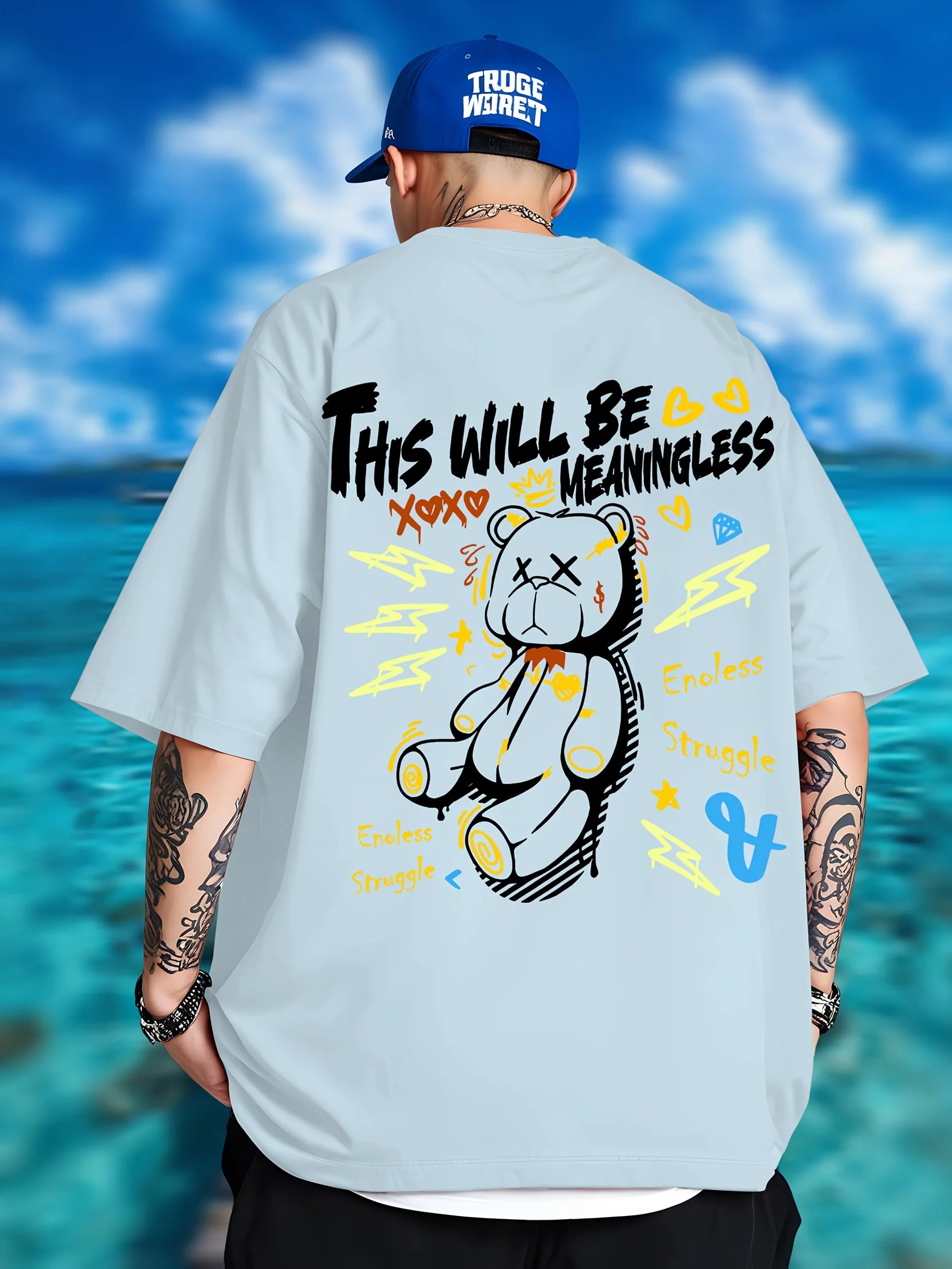Summer men's fashionable teddy bear print breathable and comfortable round neck T-shirt outdoor street style top