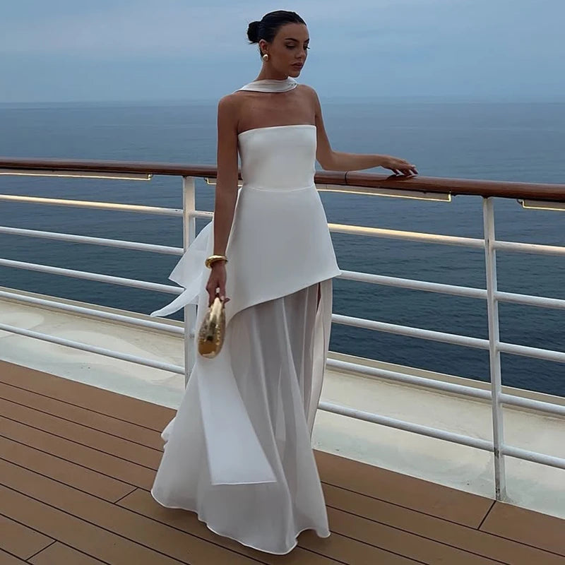 Tornova 2025 Nouvelle robe bustier avec ruban élégante sans manches en maille pour femme, longue robe de plage pour les vacances, mode printemps femme