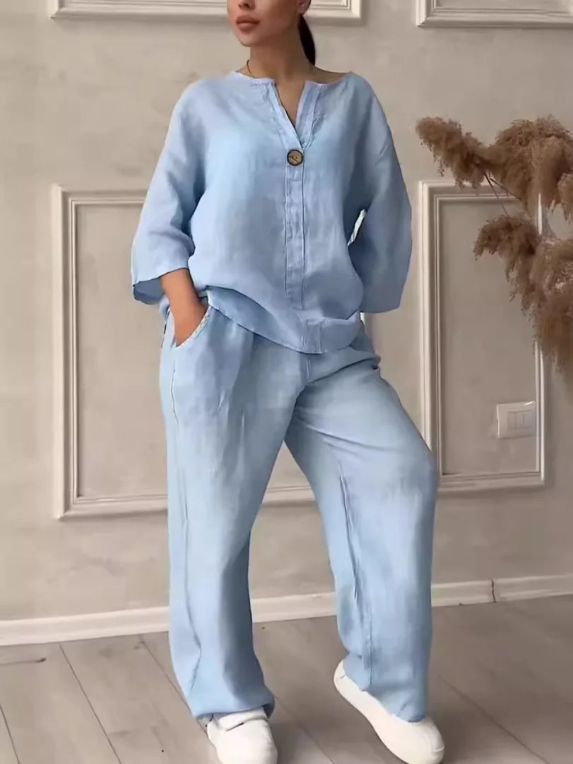 Cotton Linen Sets Two 2 Pieces Sale Casual Long Sleeve Button Loose Blouse Shirt&High Elastic Wide Leg Loose Pant Suits