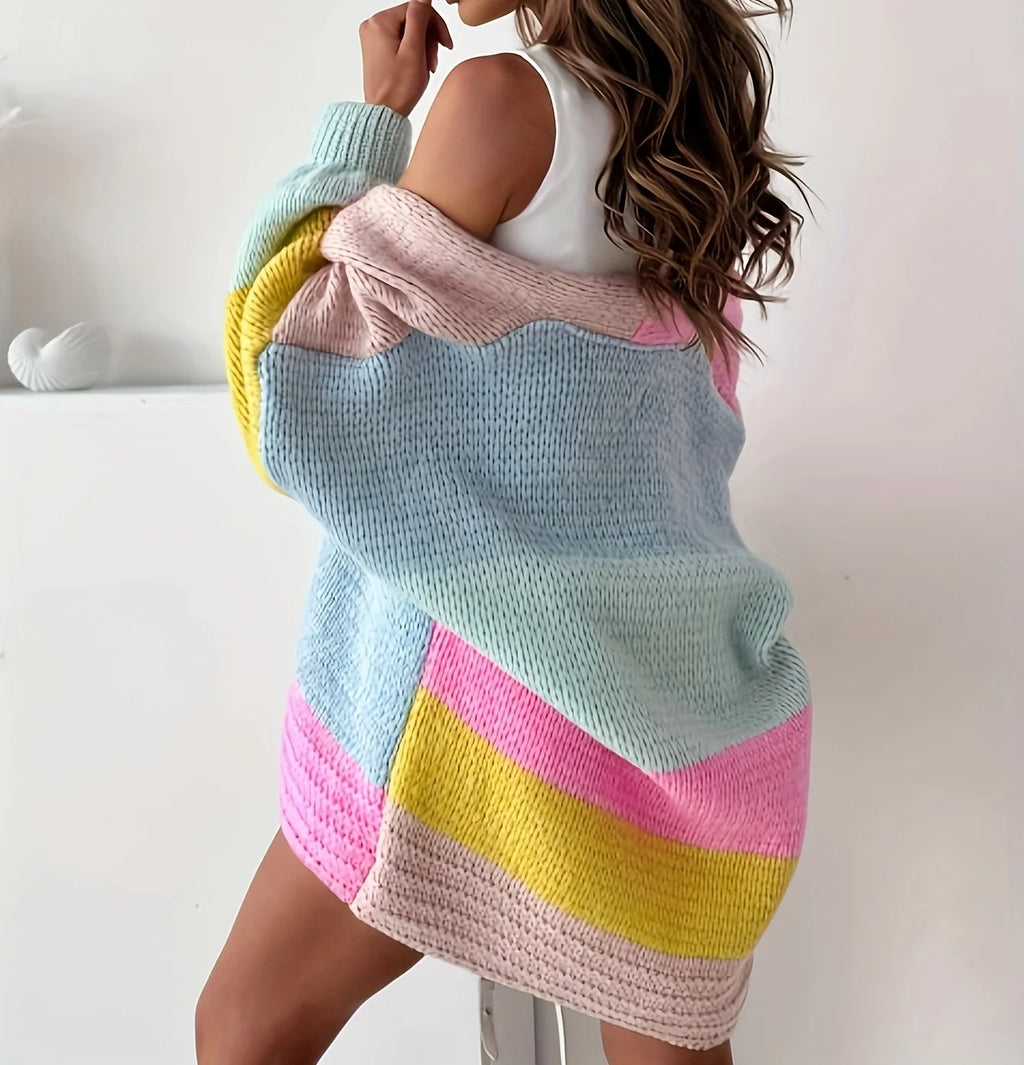 Cardigan Femme Automne Hiver - Gilet Tricot Couleurs Contrastées