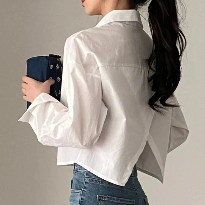 Zadily 2026 Spring New Casual Long Sleeve Women White Shirt Korea Style Solid Button Split Woman Crop Tops Blouse Party Clothing