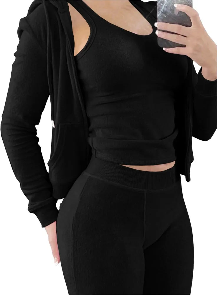 Ensemble 3 Pièces Femme Automne Hiver - Sweat Gilet Pantalon Velours