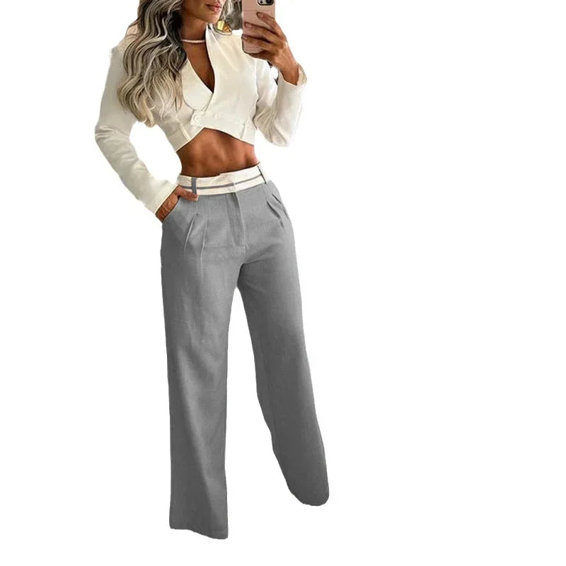 Ensemble Crop Top et Pantalon Large Femme - Tailleur 2 Pièces Élégant