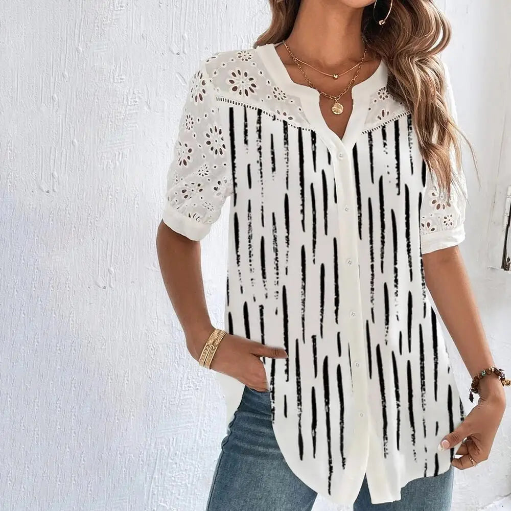 Chemisier décontracté en dentelle pour femme - Chemise ample à la mode pour femme - Blouse élégante à manches courtes - Vacances - Week-end
