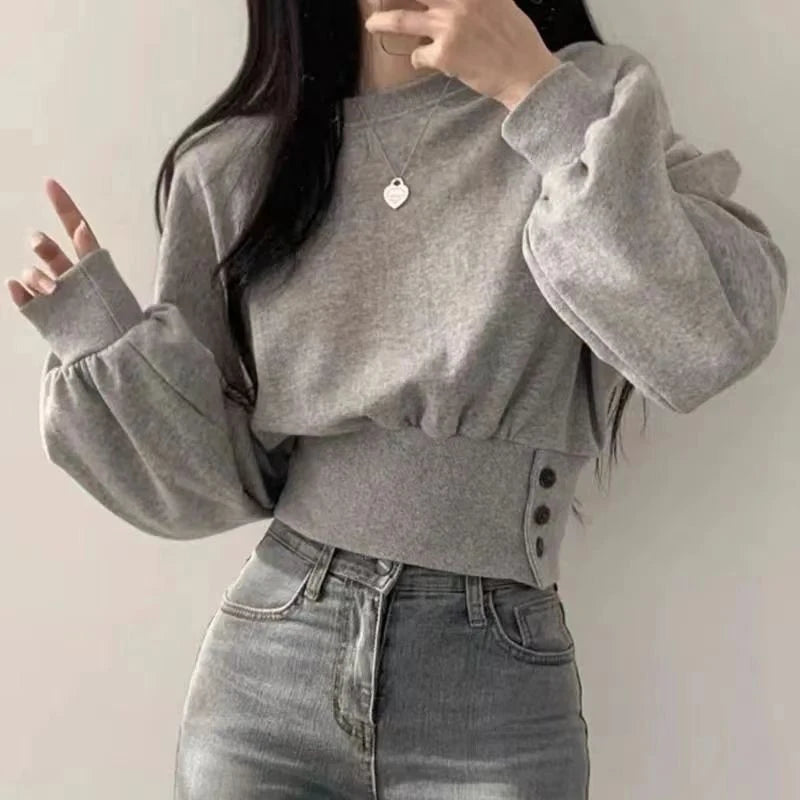 Women's Crop Top with Round Neck and Lantern Sleeves – Korean Streetwear Style