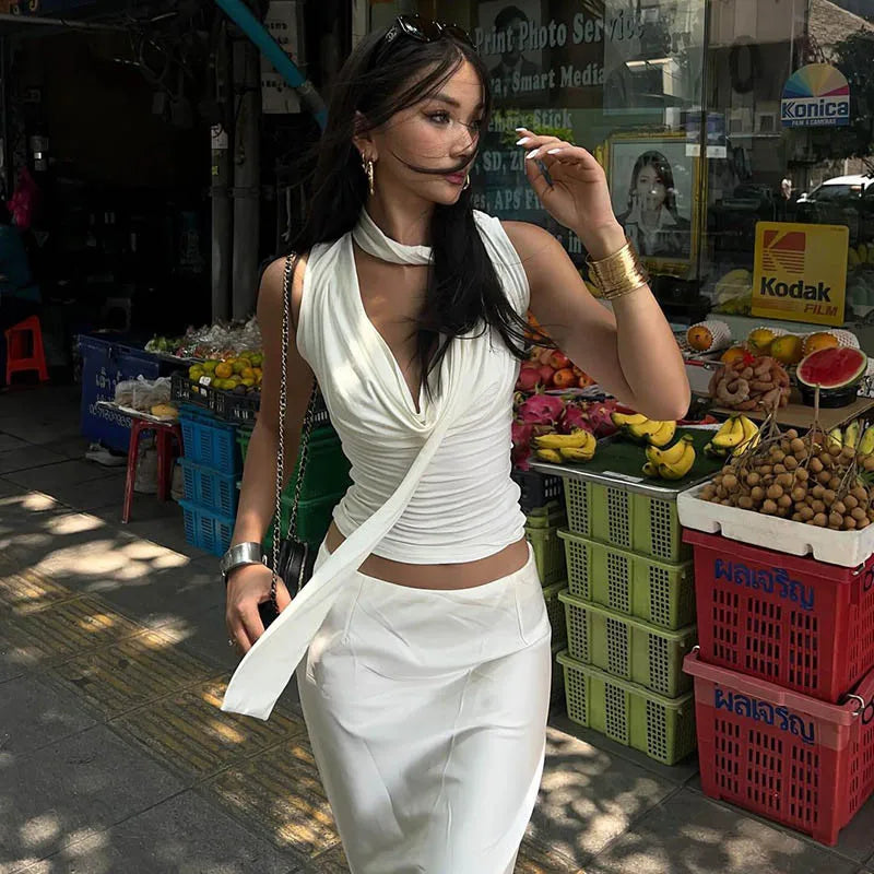 Women's V-Neck Bandage Tank Top – Slim Fit Casual Y2K Style