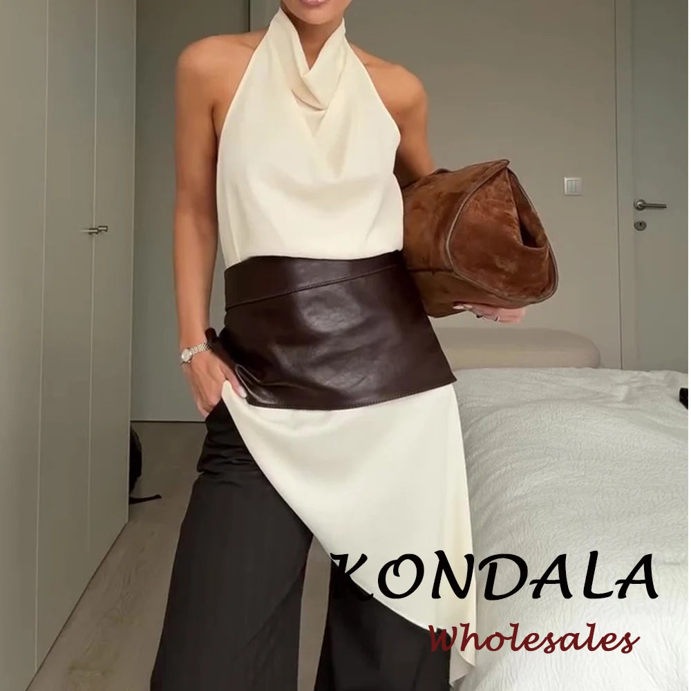 KONDALA Chic Sexy Women Backless Asymmetric Neck-mounted White Tops Modern Fashion 2026 Spring Valentine's Day Night Party Vest