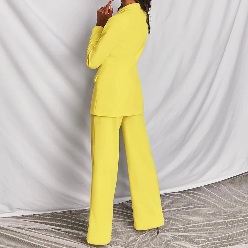 BAMBOOBOY Elegant Solid Long Sleeve Blazer Suit and Pants Two 2 Piece Set for Women Spring Autumn Classic OL Street Outfit