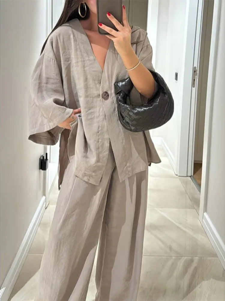 Casual Solid Cotton Linen Loose Shirt Pants Set Women Single Breasted Blouses Wide Leg Pants Suits Spring Summer Lady Outfits