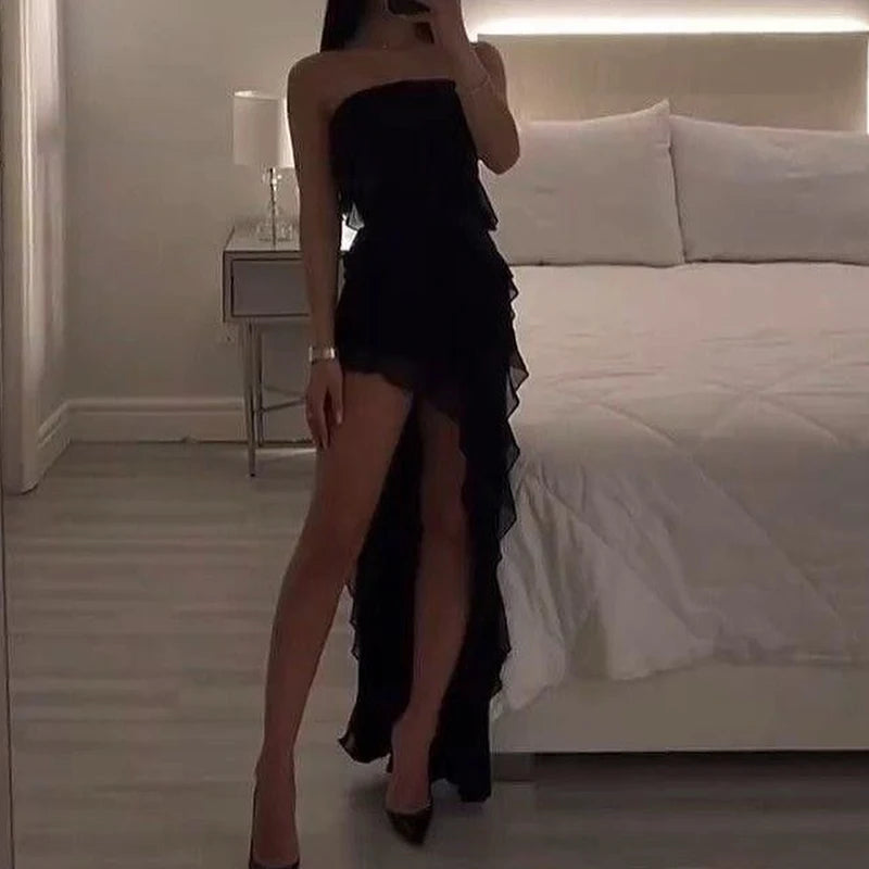 Robe Courte Femme Bustier Sexy Florale Plissée Ourlet Fendu Haut 2024 Unie Dos Nu Sans Manches Noire Et Rose Robe de Soirée Vestidos