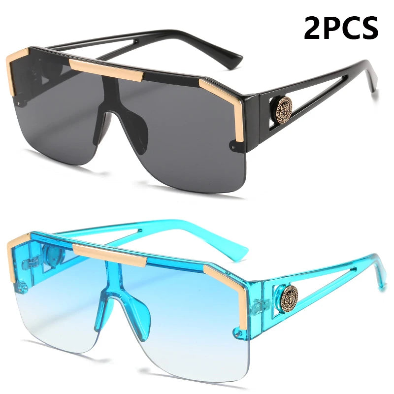 2PCS New Lion Head Integrated Sunglasses Trendy Large Frame Sunglasses Female Personalized Hollow Leg Sunglasses 6922