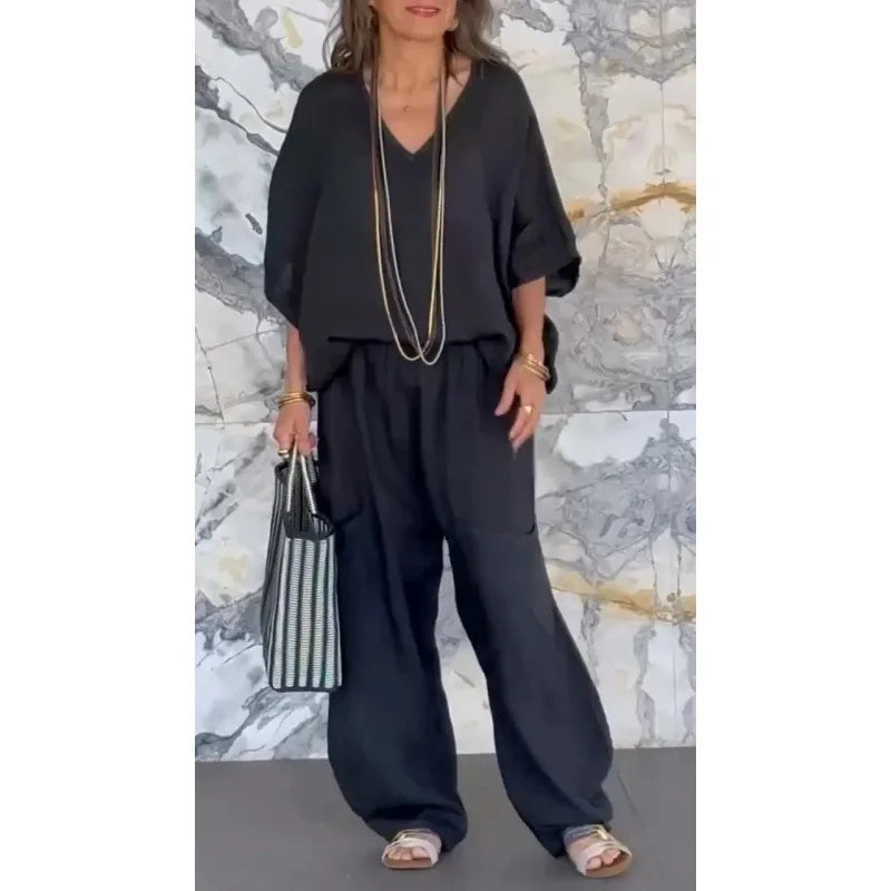 Ensemble Femme Lin Coton Printemps Été - Top Col V Pantalon Large