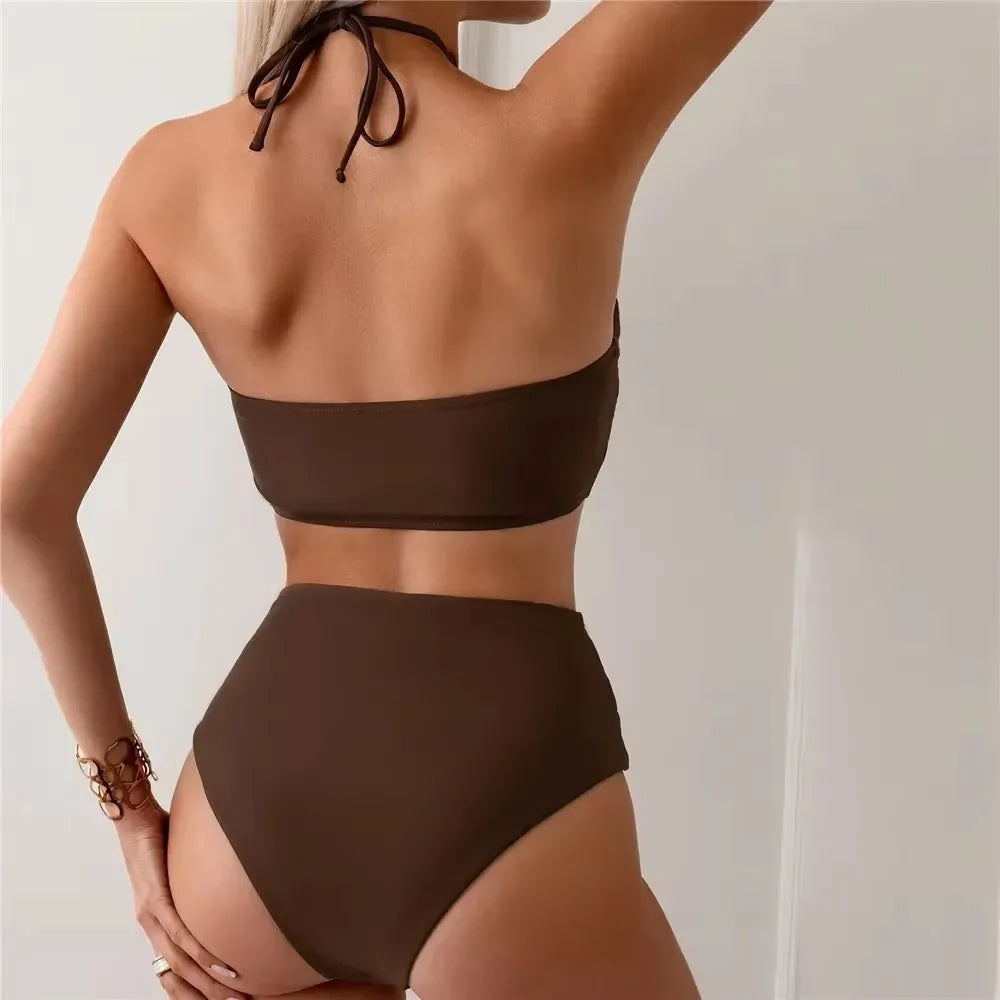 Dark Brown Solid Swimwears Halter String Push Up Bikini High Waist 2026 Ruched Sexy Swimsuit Swimming Suit Bikinis Sets Woman