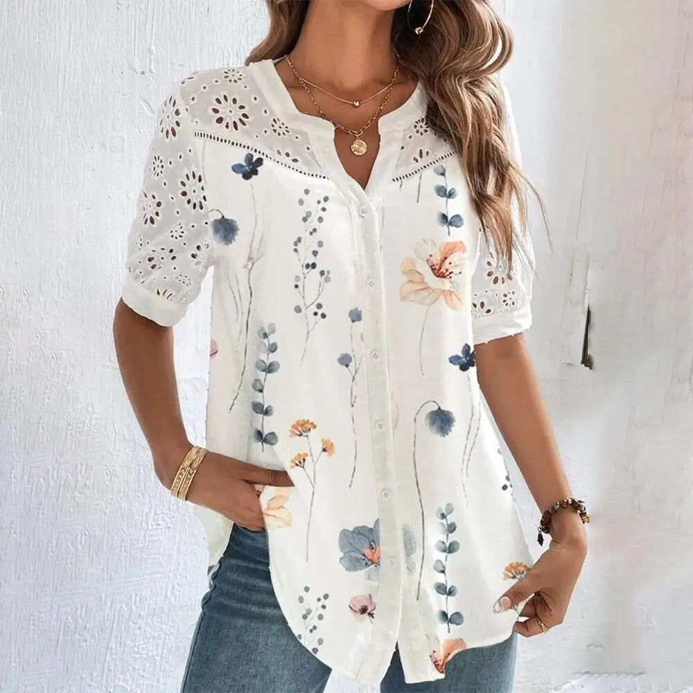 Chemisier décontracté en dentelle pour femme - Chemise ample à la mode pour femme - Blouse élégante à manches courtes - Vacances - Week-end