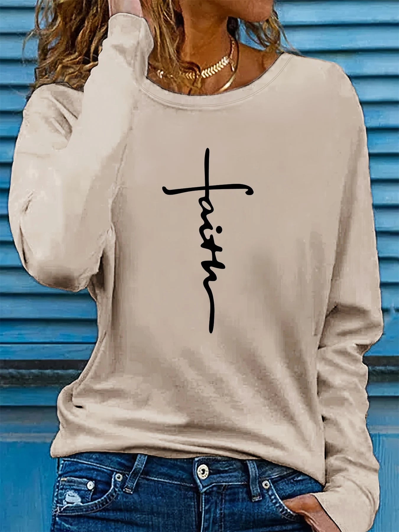 100% pure cotton women's spring and autumn loose comfortable faith cross graphic printed long sleeved round neck T-shirt