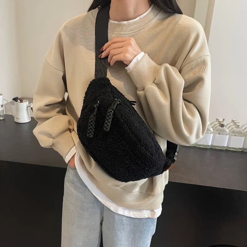 Women's Casual Solid Color Plush Material Chest Bag, Fashionable Daily Commuting Waist Bag, Plush Crossbody Shoulder Bag