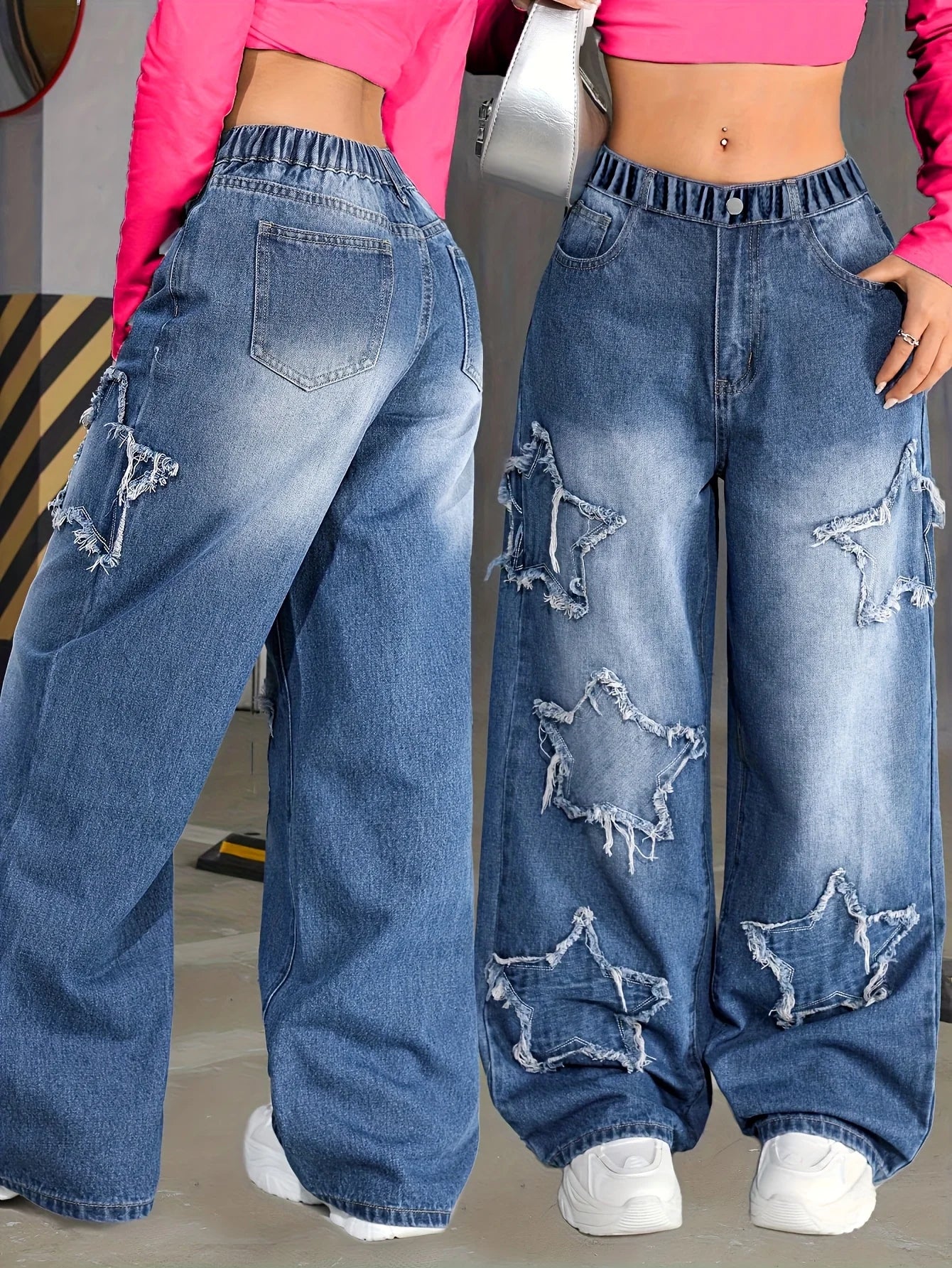 Girl's Y2K new five-star patch trendy straight-leg jeans, elastic waist, comfortable fabric, suitable for all seasons to wear.