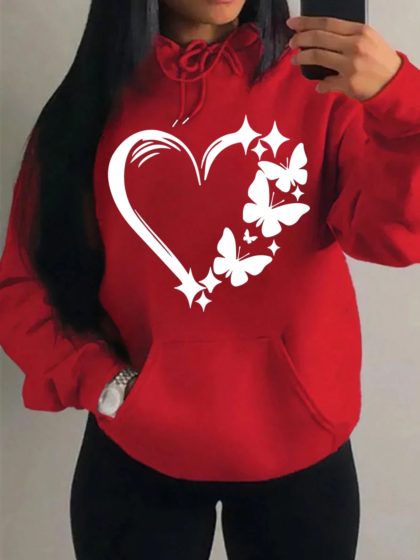 Sweat à capuche Femme Motif Amour et Papillon Hip Hop Streetwear Poches Vêtements Rétro Multicolore