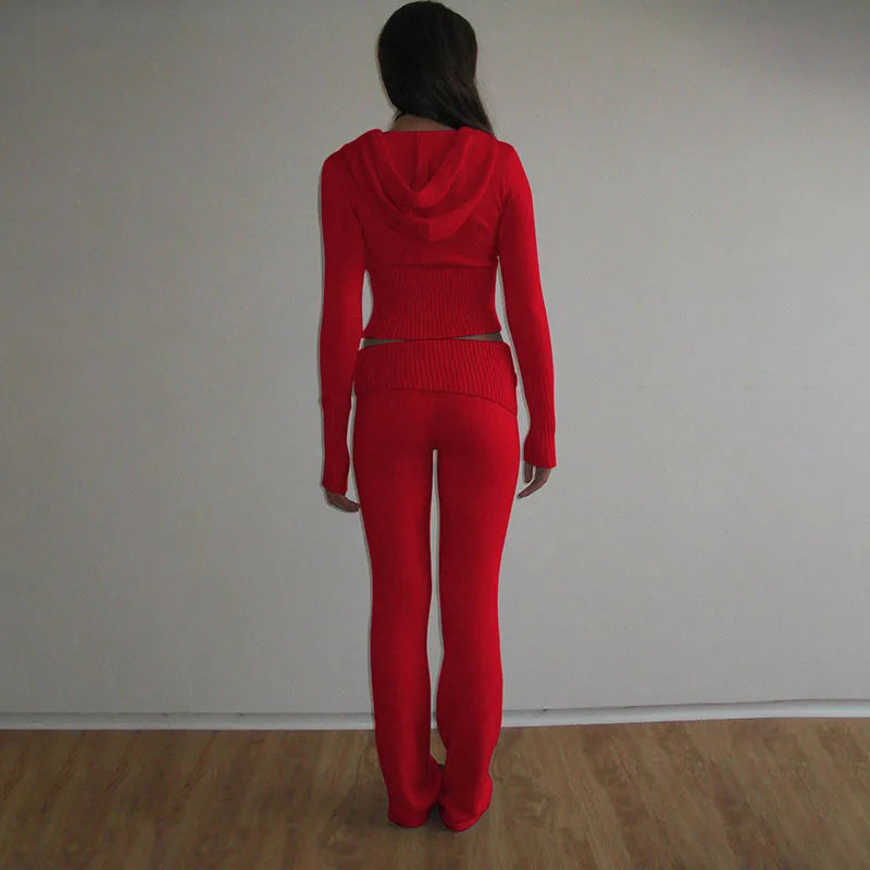 Women's Spring Autumn Suit Long Sleeve Long Pants Hooded Knit High Waist New Vintage Simple Comfortable Skinny Niche Versatile