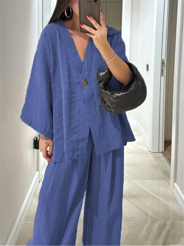 Casual Solid Cotton Linen Loose Shirt Pants Set Women Single Breasted Blouses Wide Leg Pants Suits Spring Summer Lady Outfits